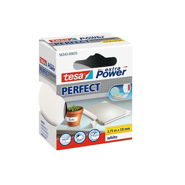 Tesa Extra Power Perfect Strong Cloth Tape, 2.75m x 38mm, White.