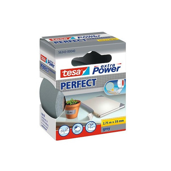 Tesa Extra Power Perfect Strong Cloth Tape, 2.75m x 38mm, Grey.