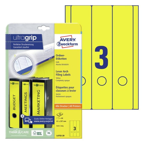 Avery Wide Filing Labels Permanent -Yellow ,20 Sheets , Long , W 61 mm x H 297 mm