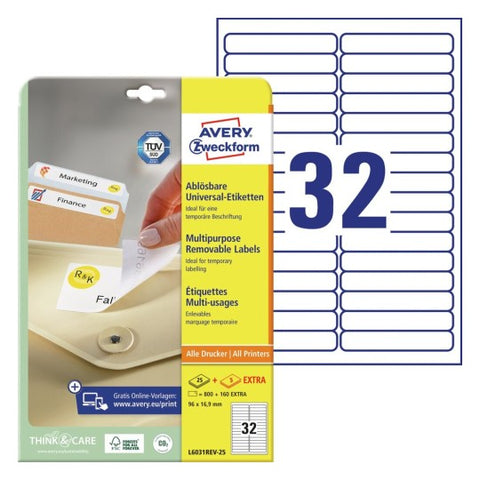 Avery Multipurpose Removable Labels-White ,25+5 Extra Sheets ,W96 mm x H16.9 mm L6031REV-25