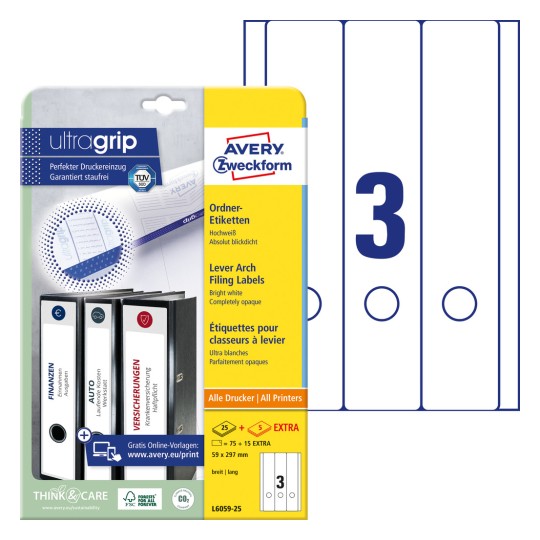 Avery Wide Filing Labels Permanent -White, 25 + 5 Extra Sheets-Long-W 59 mm x H 297 mm