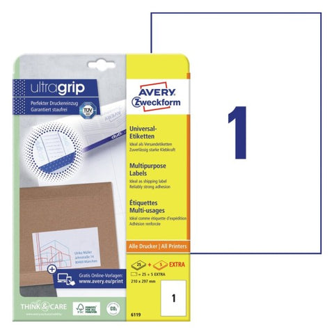 Avery Multipurpose Labels in A4 Sheet-White ,25+5 Extra Sheets ,W 210 mm x H 297 mm 6119