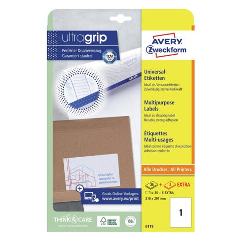 Avery Multipurpose Labels in A4 Sheet-White ,25+5 Extra Sheets ,W 210 mm x H 297 mm 6119