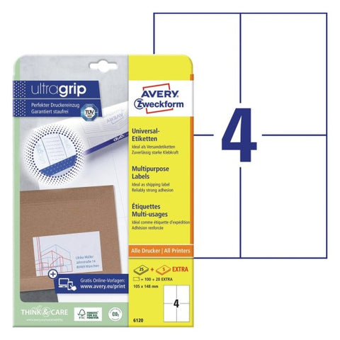 Avery Multipurpose Labels in A4 Sheet-White ,25+5 Extra Sheets ,W105 mm x H148 mm 6120
