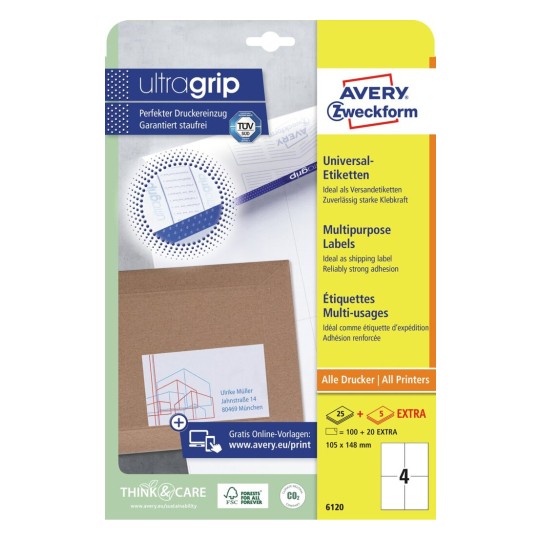 Avery Multipurpose Labels in A4 Sheet-White ,25+5 Extra Sheets ,W105 mm x H148 mm 6120
