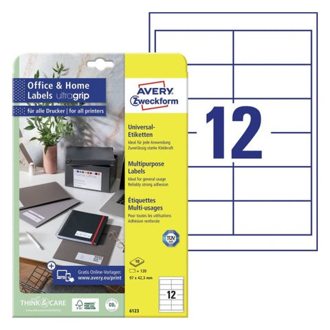 Avery Multipurpose Labels in A4 Sheet-White ,120 Labels , W 9 mm x H42.3 mm 6123
