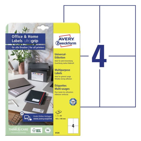 Avery Multipurpose Labels in A4 Sheet-White ,40 Labels ,W105 mm x H148 mm 6124