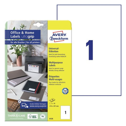 Avery Multipurpose Labels in A4 Sheet-White ,10 Labels (W210 mm x H297 mm) 6125