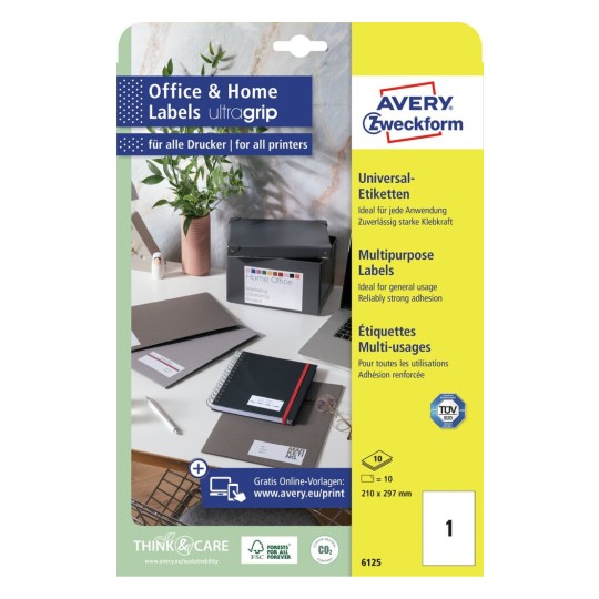 Avery Multipurpose Labels in A4 Sheet-White ,10 Labels (W210 mm x H297 mm) 6125