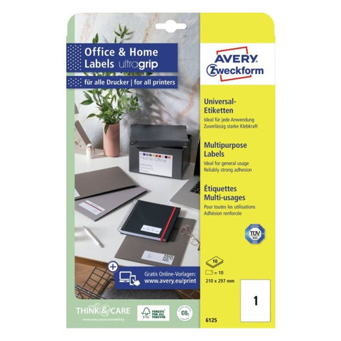Avery Multipurpose Labels in A4 Sheet-White ,10 Labels (W210 mm x H297 mm) 6125