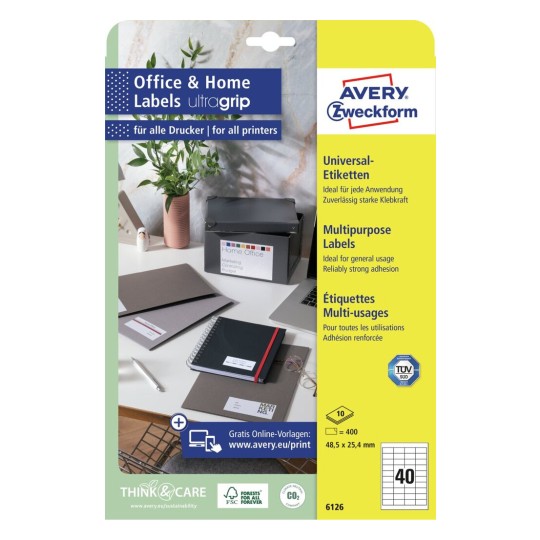 Avery Multipurpose Labels in A4 Sheet-White ,400 Labels ,W48.5 mm x H25.4 mm 6126
