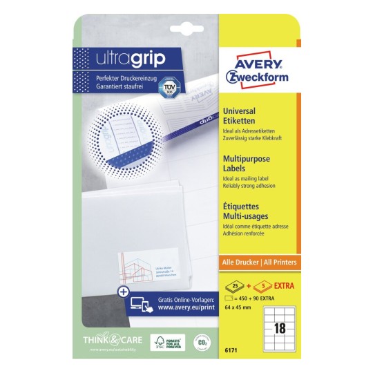 Avery Multipurpose Labels in A4 Sheet-White ,25+5 Extra Sheets ,W64 mm x H45 mm 6171