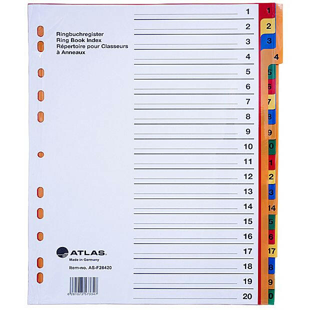 Atlas - Plastic Index & Dividers with Colour Numbers (1 to 20).