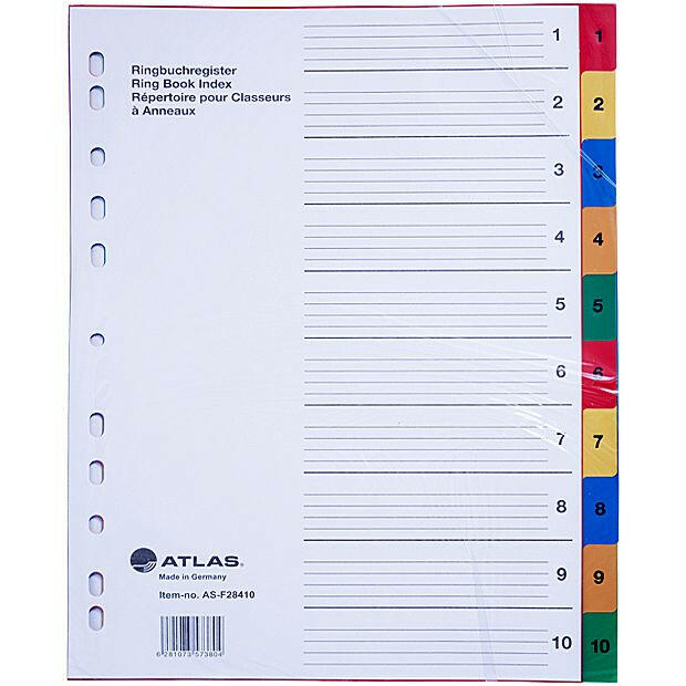 Atlas - Plastic Index & Dividers with colour Numbers (1 to 10).