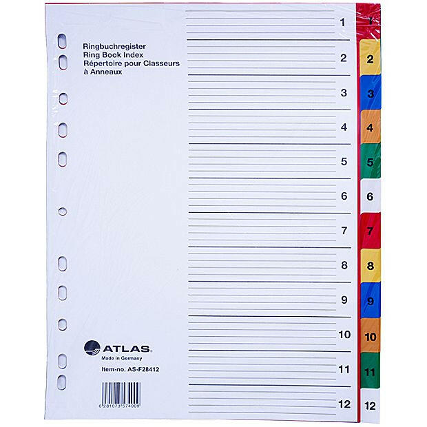 Atlas - Plastic Index & Dividers with colour Numbers (1 to 12).