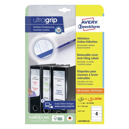 Avery Filing Labels Removable-White ,Removable ,20+10 Extra Sheets ,Short ,W 61 mm x H 192 mm L4761REV-20
