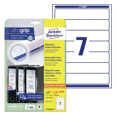 Avery Filing Labels Removable-White Removable, 20 + 10 Extra Sheets Short W 38 mm x H 192 mm L4760REV-20