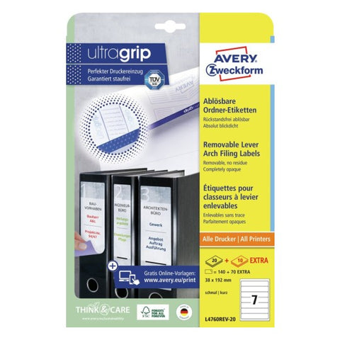 Avery Filing Labels Removable-White Removable, 20 + 10 Extra Sheets Short W 38 mm x H 192 mm L4760REV-20