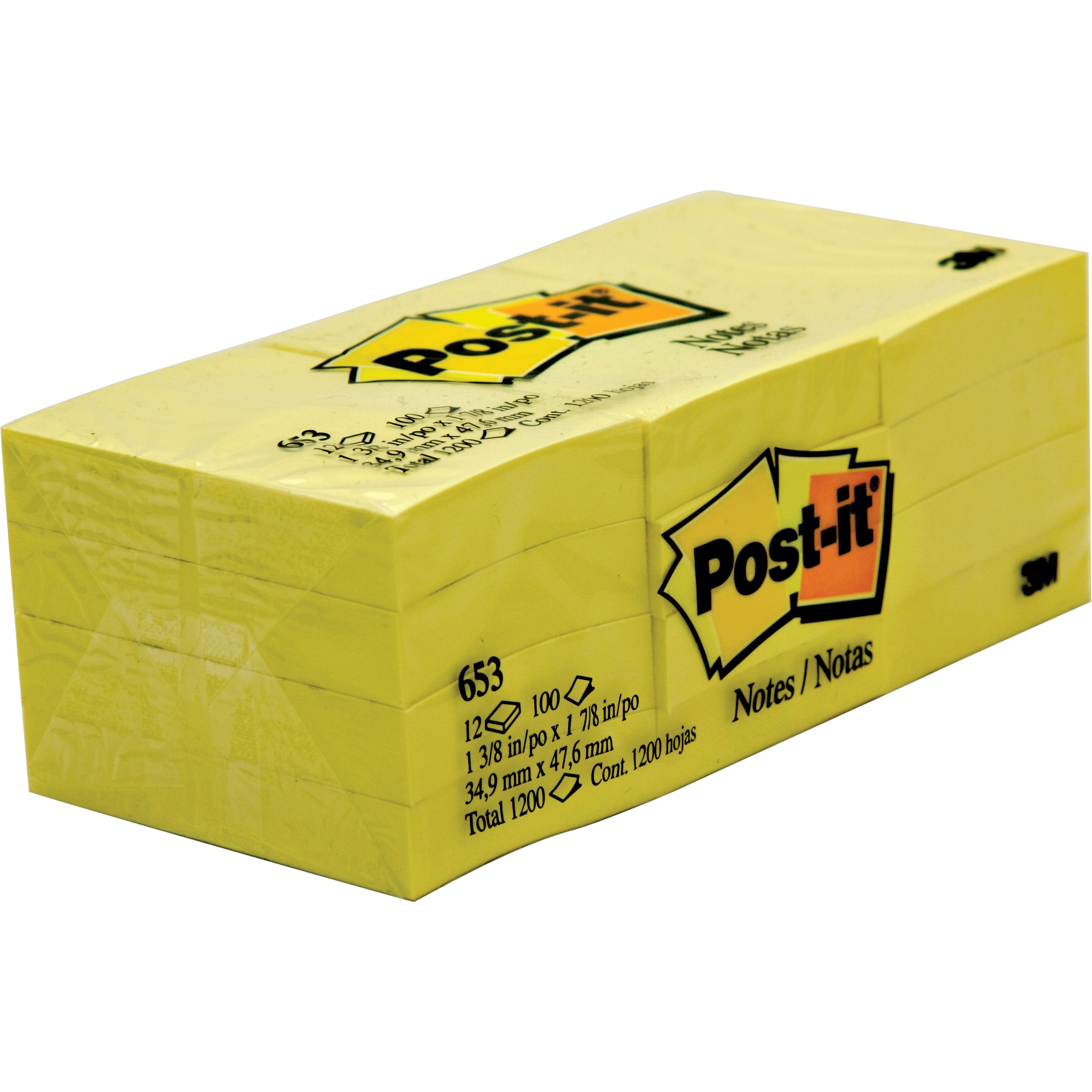 3M Post It Sticky Notes 653 -Yellow , 12 , 1.5 '' x 2 ''.