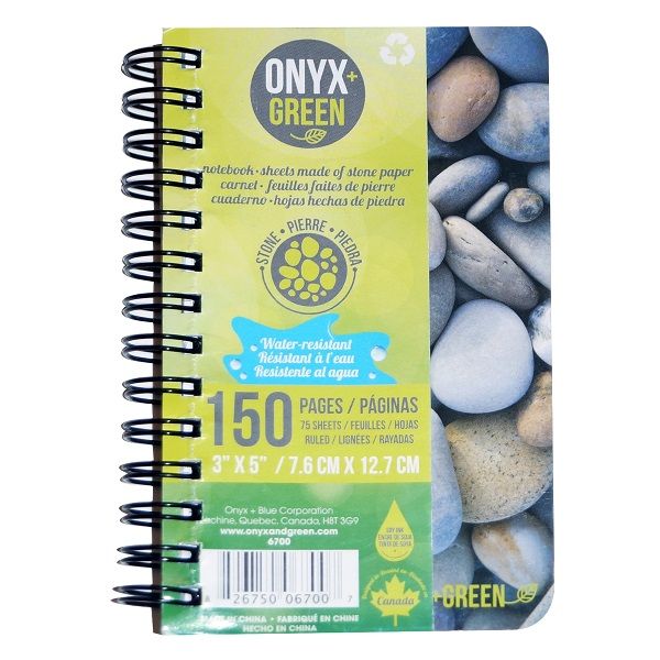 Onyx & Green Pocket Spiral Notebook, Water & Tear Resistant, 3"X5", 75 Sheets Of Stone Paper (6700).