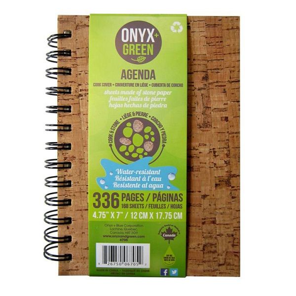 Onyx & Green Spiral Agenda Daily Planner, Water & Tear Resistant, Cork Cover, Stone Paper With Undated Sheets, Eco Friendly (6705).