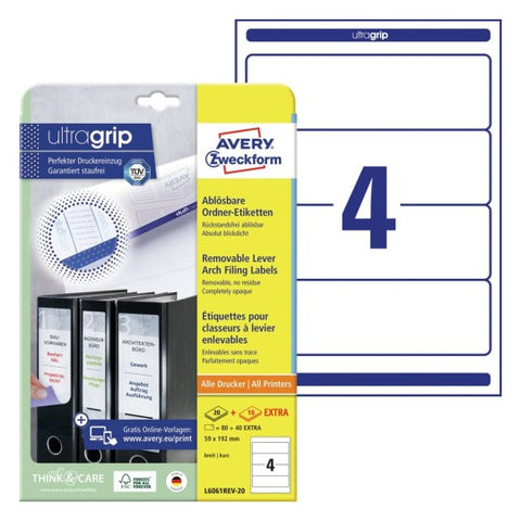 Avery Filing Labels Removable-White ,Removable ,20+10 Extra Sheets , Short ,W 59 mm x H 192 mm L6061REV-20