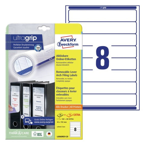 Avery Filing Labels Removable-White ,Removable 20+10 Extra Sheets, Short,W 34 mm x H 192 mm L6060REV-20