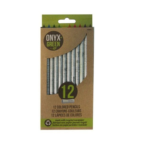 Onyx & Green Color Pencils, Made Of Recycled Newspaper, Sharpened, Eco Friendly - 12 Pack (8001).