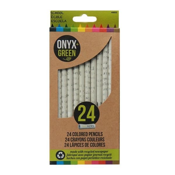 Onyx & Green Color Pencils, Made Of Recycled Newspaper, Sharpened, Eco Friendly - 24 Pack (8002).
