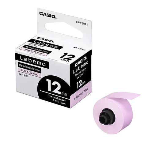 Casio XA-12PK1 Labemo Tape BLACK on PINK