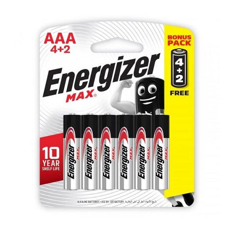 Energizer Max AAA Alkaline Batteries, Pack of 4 + 2 Free - 1.5 Volt.