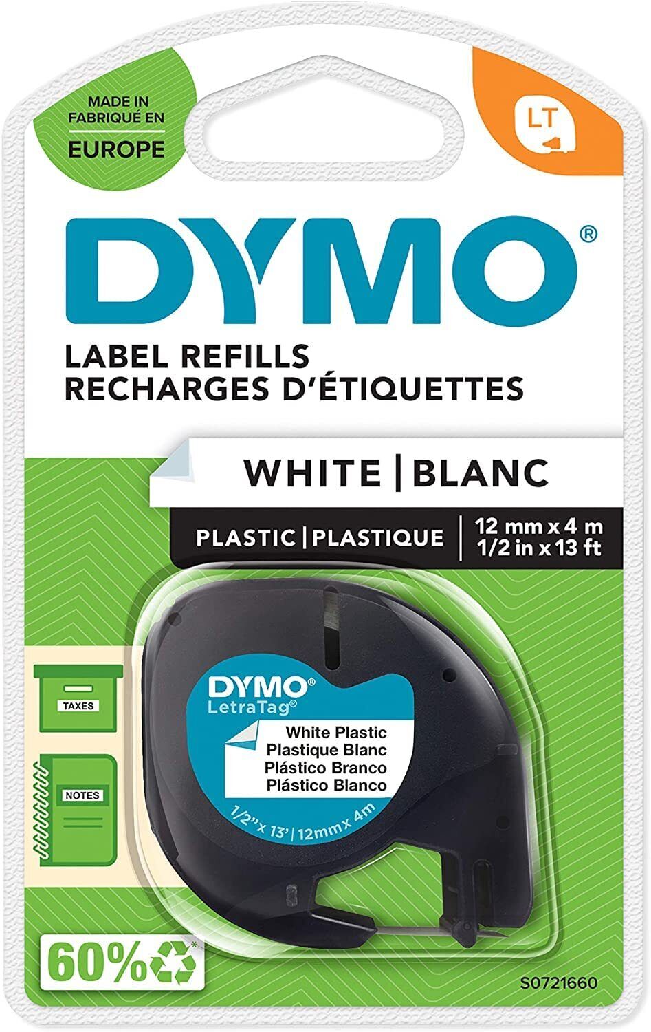 Dymo Label Black & White 12 mm S0721660 For Letratag