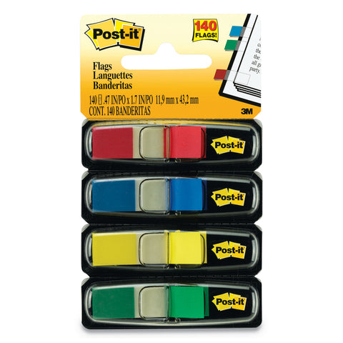 3M Post It Flags -Blue , Green , Red , Yellow , 35 x 4 Dispenser , 0.47'' x 1.7''.