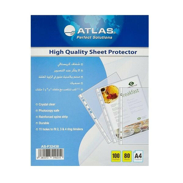 Atlas A4 Clear Punch Pocket Protector, 80 Micron, 100 Pieces.