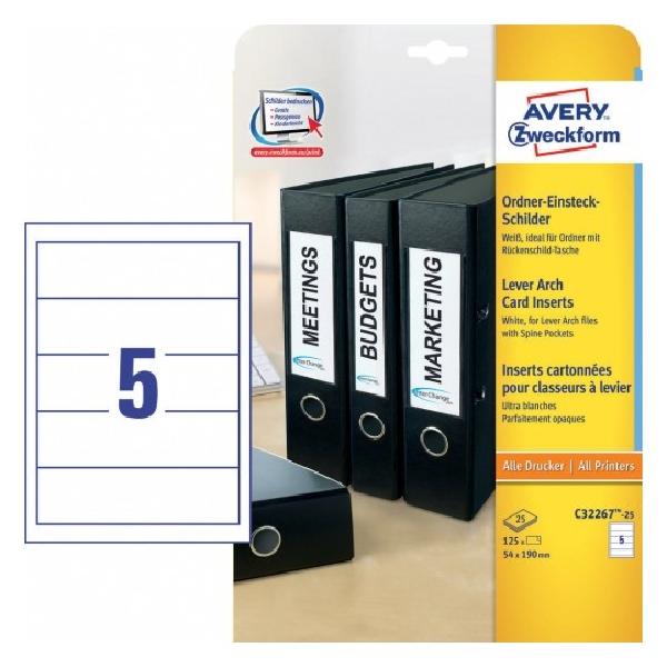 Avery Lever Arch Filing Inserts In A4 Sheet , 125 Labels Per 25 Pages.