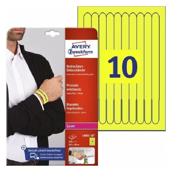 Avery Printable Wristbands, Yellow 100 Labels Per 10 Pages.