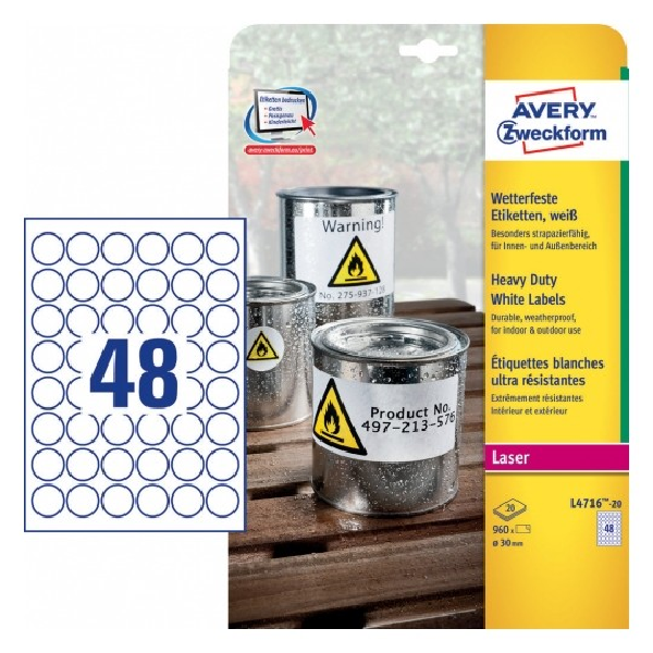 Avery Weatherproof Film Labels , 960 Labels Per 20 Pages.