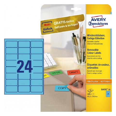 Avery Coloured Labels In A4 Sheet , 480 Labels Per 20 Pages, Blue.