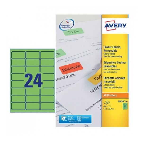 Avery Coloured Labels In A4 Sheet , 480 Labels Per 20 Pages, Green.