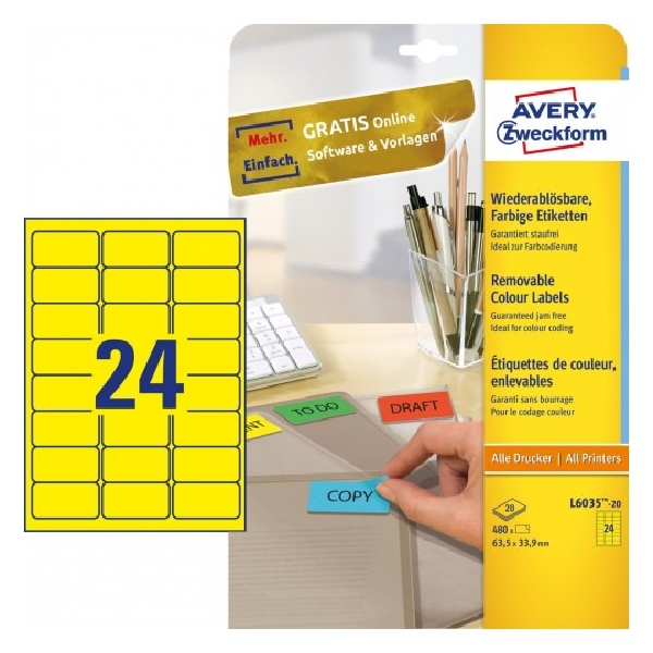 Avery Coloured Labels In A4 Sheet , 480 Labels Per 20 Pages, Yellow.