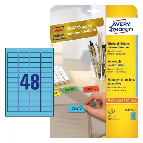 Avery Coloured Labels In A4 Sheet , 960 Labels Per 20 Pages, Blue.
