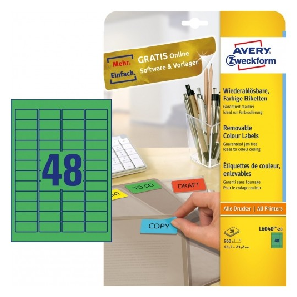Avery Coloured Labels In A4 Sheet , 960 Labels Per 20 Pages, Green.