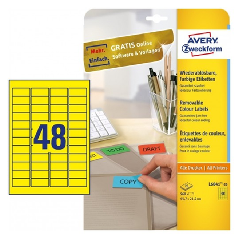 Avery Coloured Labels In A4 Sheet , 960 Labels Per 20 Pages, Yellow.