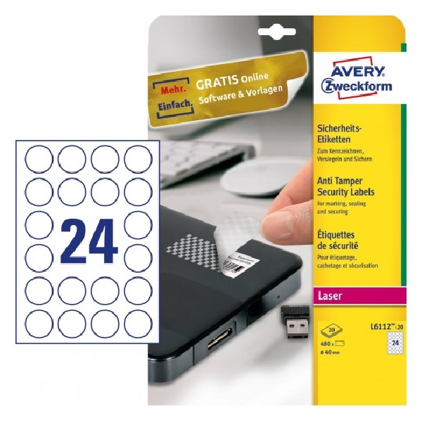 Avery Tamper Proof Labels , 480 Labels Per 20 Pages.