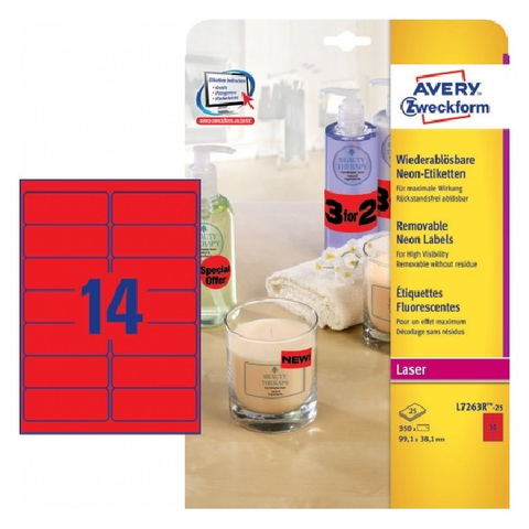 Avery Neon Red Labels , 350 Labels Per 25 Pages.