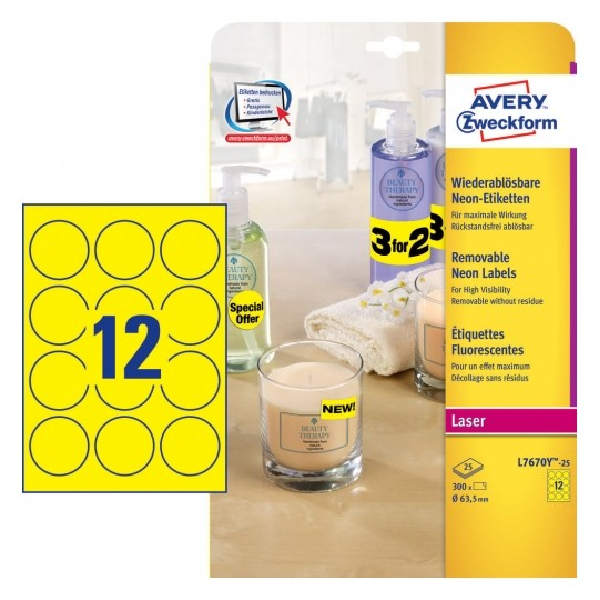 Avery Round Neon Yellow Labels , 300 Labels Per 25 Pages.