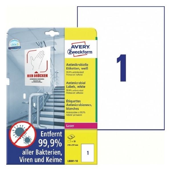 Avery Printable Film Labels with Antimicrobial in A4 Format, White, 10 Labels Per 10 Pages.