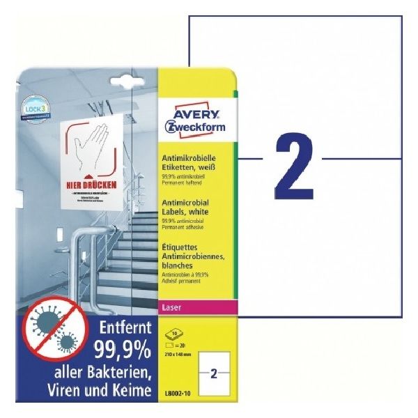 Avery Printable Film Labels with Antimicrobial in A4 Format, White, 20 Labels Per 10 Pages.