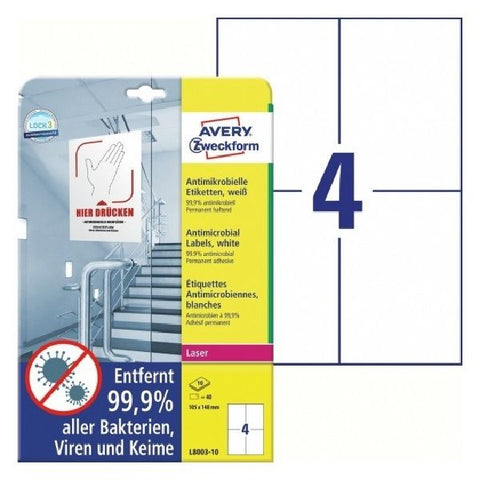 Avery Printable Film Labels with Antimicrobial in A4 Format, White, 40 Labels Per 10 Pages.
