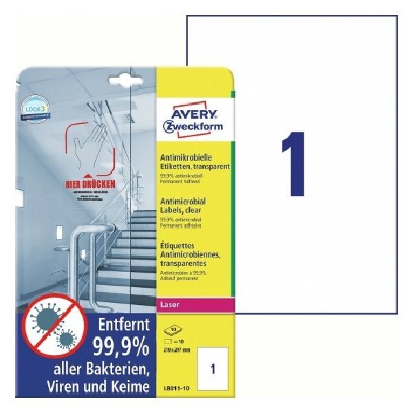 Avery Printable Film Labels with Antimicrobial in A4 Format, Clear, 10 Labels Per 10 Pages.